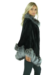 Woman's Black Sheared Mink Fur Cape with Silver Fox Trim