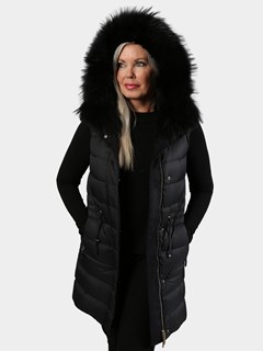 Woman's Rex Rabbit Fur Lined Quilted Down Vest with Finn Raccoon Trimmed Hood