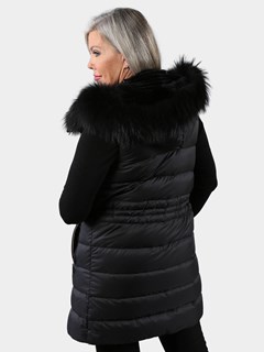 Woman's Rex Rabbit Fur Lined Quilted Down Vest with Finn Raccoon Trimmed Hood