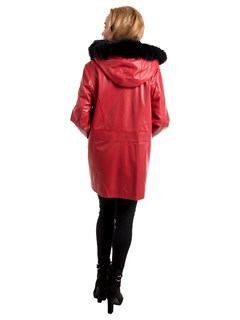 Woman's Red Lambskin Leather Parka with Black Fox Fur Trim on Hood and Detachable Red Jacket Liner