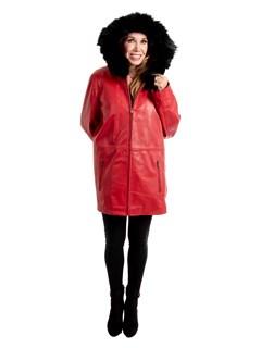 Woman's Red Lambskin Leather Parka with Black Fox Fur Trim on Hood and Detachable Red Jacket Liner