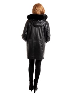 Woman's Black Lambskin Leather Parka with Fox Fur Trimmed Hood and Detachable Black Jacket Liner
