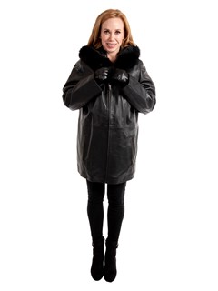 Woman's Black Lambskin Leather Parka with Fox Fur Trimmed Hood and Detachable Black Jacket Liner