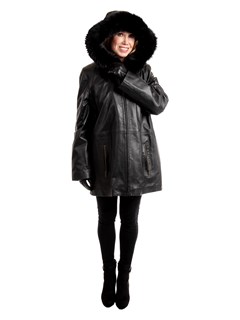Woman's Black Lambskin Leather Parka with Fox Fur Trimmed Hood and Detachable Black Jacket Liner