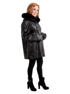 Woman's Black Lambskin Leather Parka with Fox Fur Trimmed Hood and Detachable Black Jacket Liner