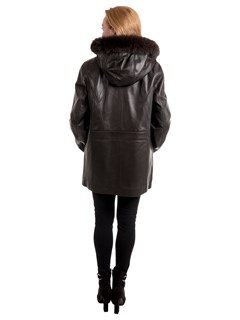 Woman's Brown Lambskin Leather Parka with Black Fox Fur Trimmed Hood and Detachable Black Jacket Liner