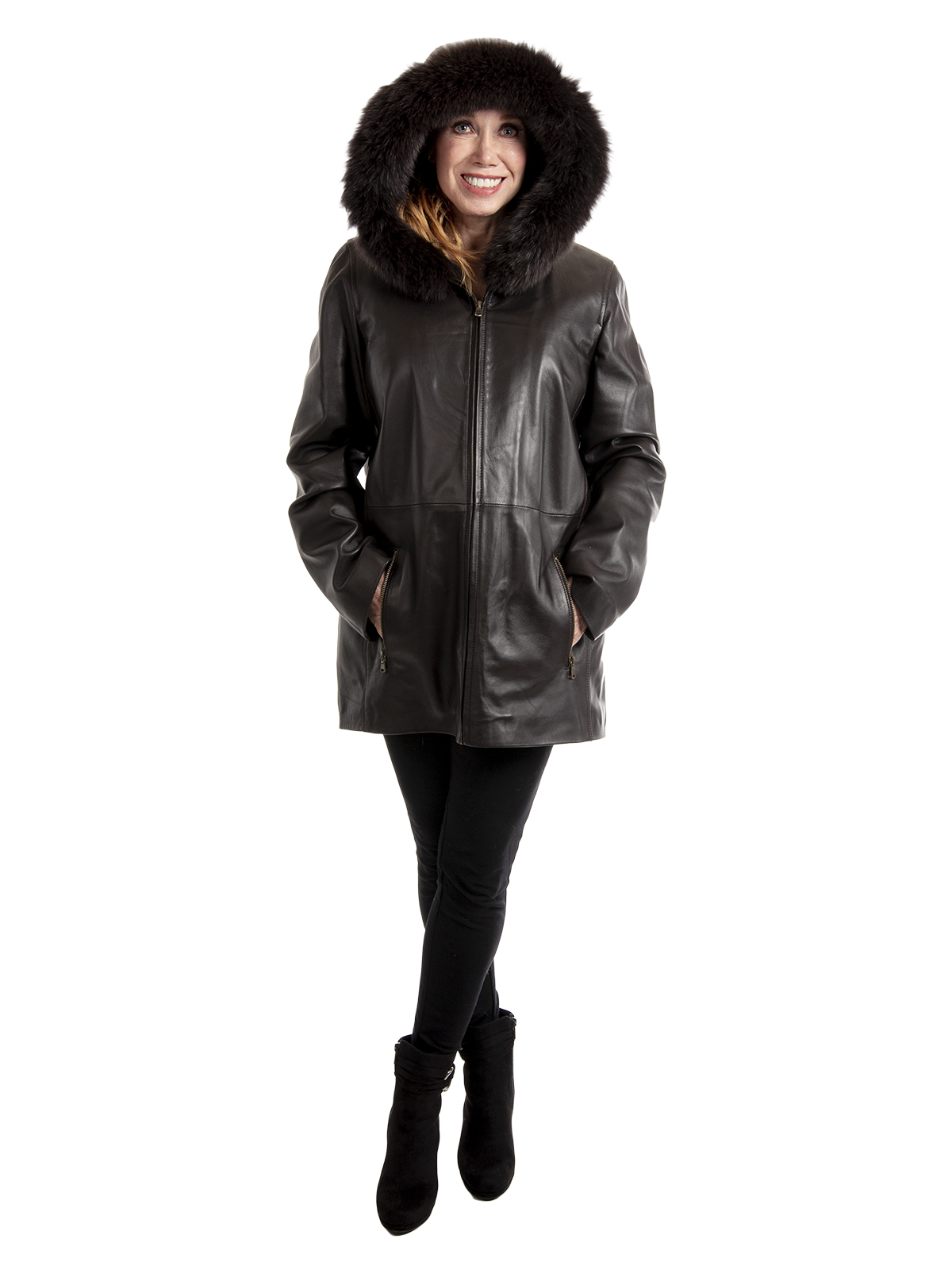 Woman's Brown Lambskin Leather Parka with Black Fox Fur Trimmed Hood and Detachable Black Jacket Liner