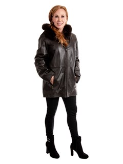 Woman's Brown Lambskin Leather Parka with Black Fox Fur Trimmed Hood and Detachable Black Jacket Liner