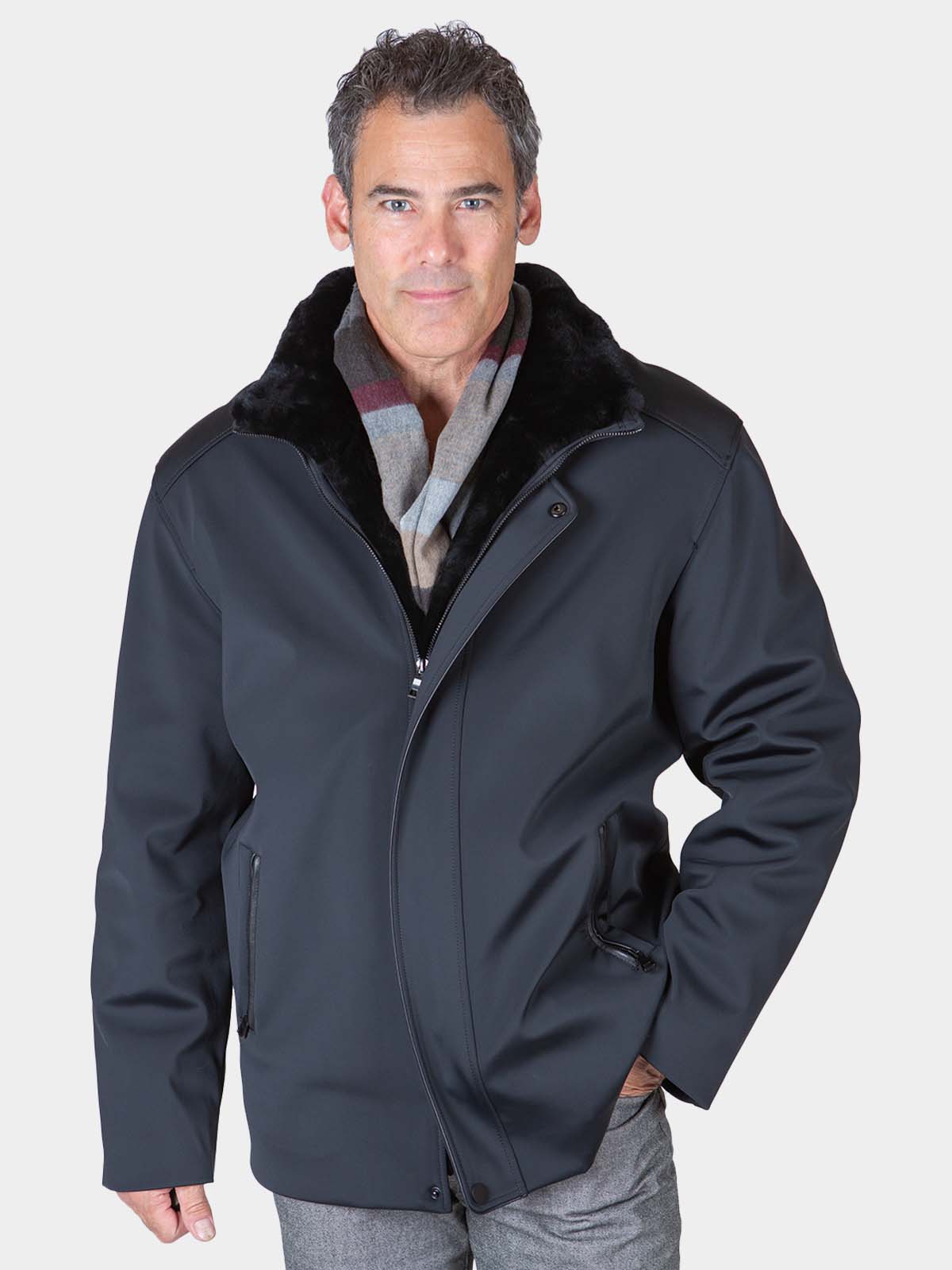 Man's Black Rain Fabric Jacket with Shearling Zip-Out Liner