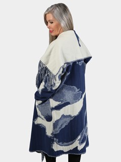 Woman's Blue and Off White Woven Cloth Coat