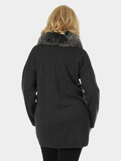 Woman's Charcoal Cashmere Cardigan Style Stroller with Black Frost Fox Collar