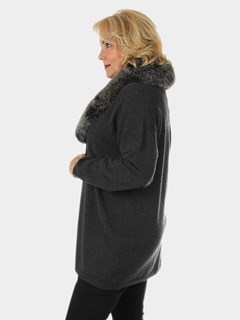Woman's Charcoal Cashmere Cardigan Style Stroller with Black Frost Fox Collar