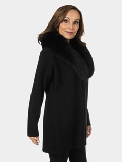 Woman's Ebony Cashmere Cardigan Style Stroller with Black Fox Collar