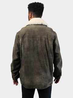Man's Vintage Gray Suede Leather Jean Jacket with Detachable Shearling Collar