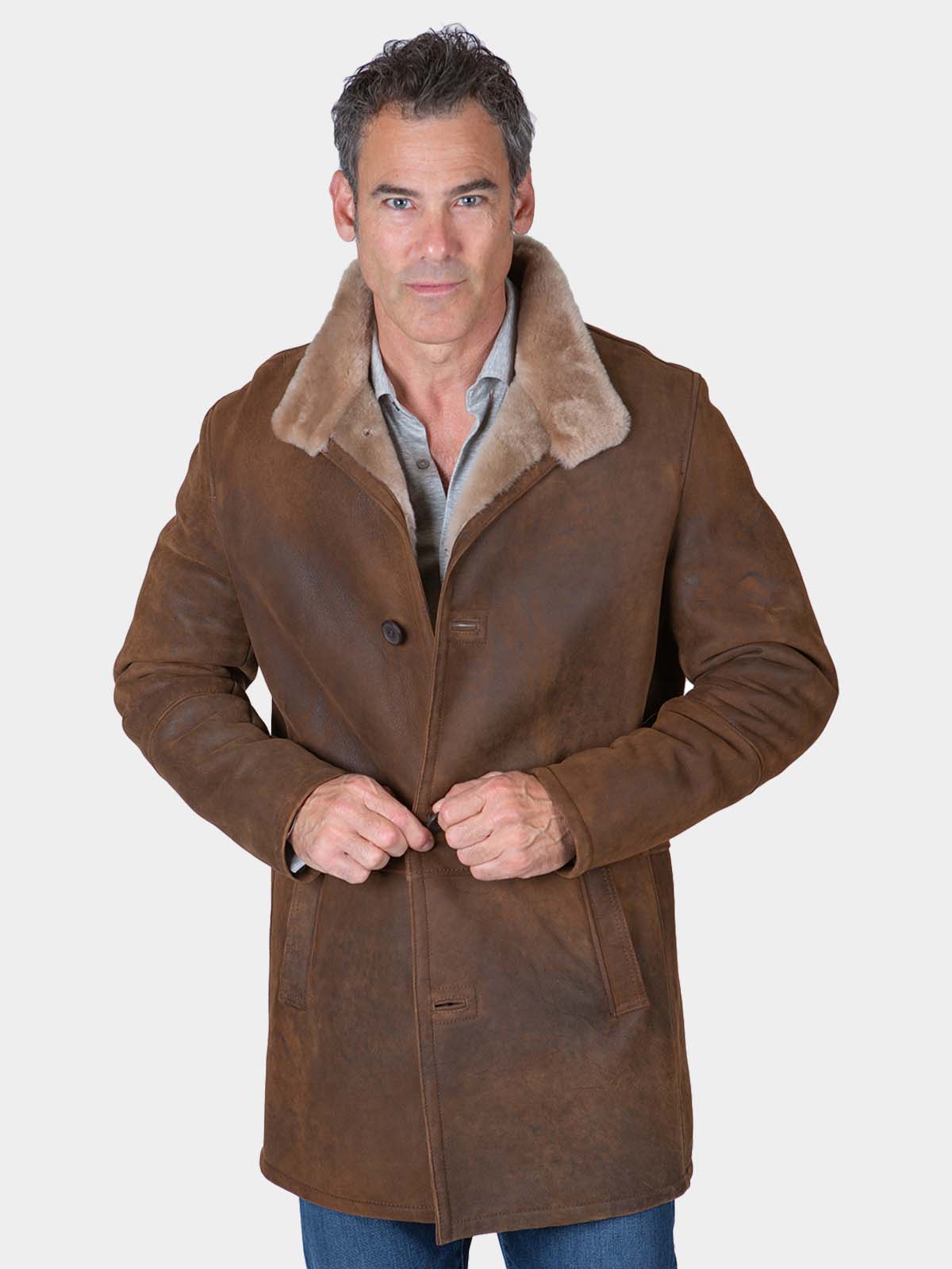 Man's Vintage Chestnut Shearling 3/4 Coat