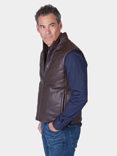 Man's Brown Leather Reversible to Fabric Vest