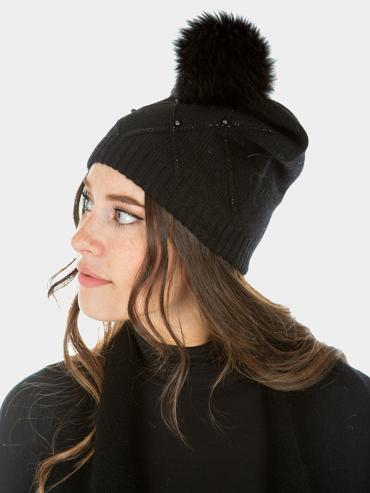 Woman's Black Knit Fabric Hat with Fox Fur Pom-Pom