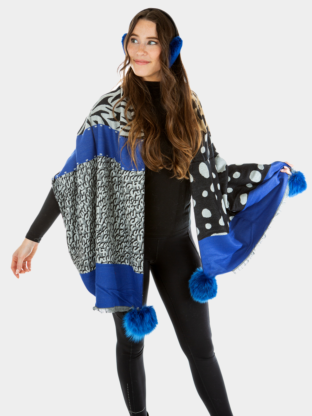 Woman's Blue Woven Fabric Scarf with Fox Fur Pom-Poms