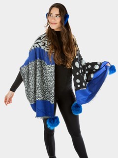 Woman's Blue Woven Fabric Scarf with Fox Fur Pom-Poms