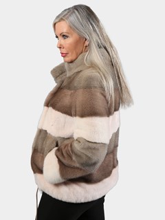 Woman's Neutral Three Tone Horizontal Stripes Mink Fur Jacket