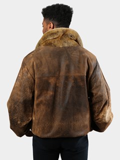 Man's Camel Suede Leather Jacket with Rex Rabbit Collar