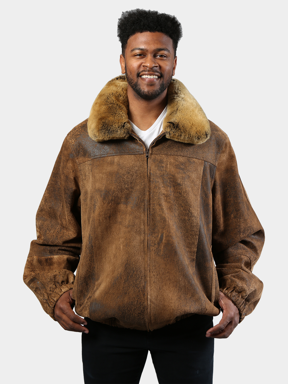 Man's Camel Suede Leather Jacket with Rex Rabbit Collar