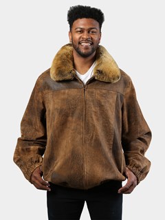 Man's Camel Suede Leather Jacket with Rex Rabbit Collar