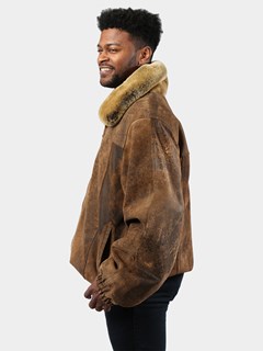 Man's Camel Suede Leather Jacket with Rex Rabbit Collar