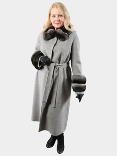 Woman's Gray and Tan Double Face Loro Piana Cashmere Wool Coat with Chinchilla Trim
