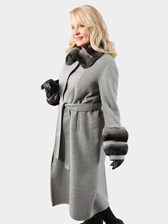 Woman's Gray and Tan Double Face Loro Piana Cashmere Wool Coat with Chinchilla Trim