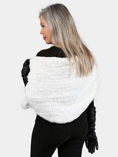 Woman's Knit White Rex Rabbit Fur Pull-Through Shawl