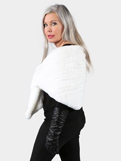 Woman's Knit White Rex Rabbit Fur Pull-Through Shawl