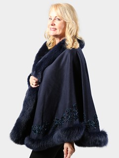 Woman's Navy Wool and Cashmere Blend Cape with Fox and Ribbon Trim