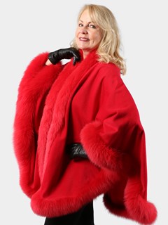 Woman's Red Cashmere Cape with Fox Trim