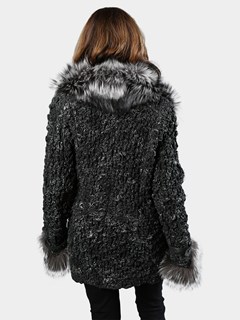 Woman's Frosty Black/Dark Natural Silver Lace Stretch Leather Jacket