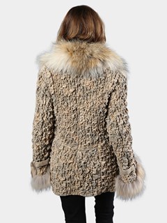 Woman's Frosty Powder Lace Stretch Leather Jacket with Spruce Silver Fox Collar and Cuffs