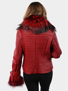Woman's Flame Red Black Mini Diamond Leather Jacket