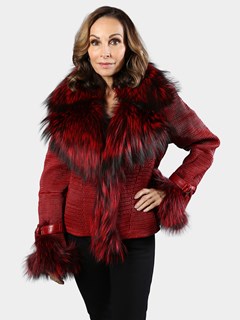 Woman's Flame Red Black Mini Diamond Leather Jacket