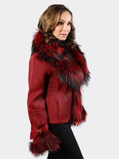 Woman's Flame Red Black Mini Diamond Leather Jacket