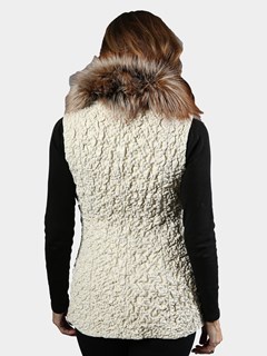 Woman's Ice Bubble Stretch Leather Vest with Brown/Black Silver Fox Collar