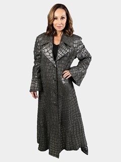 Woman's Black and Metallic Crocodile Print Lambskin Leather Coat