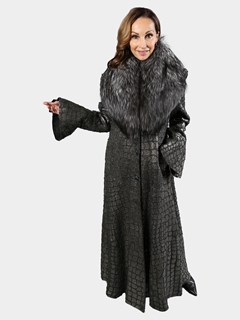 Woman's Black and Metallic Crocodile Print Lambskin Leather Coat