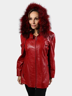 Woman's Red Lambskin Leather Parka with Silver Fox Trim