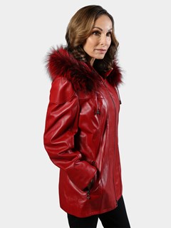 Woman's Red Lambskin Leather Parka with Silver Fox Trim