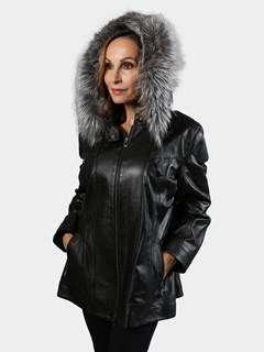 Woman's Black Lambskin Leather Parka with Silver Fox Trim