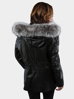 Woman's Black Lambskin Leather Parka with Silver Fox Trim