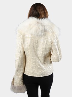 Woman's Starburst and Croco Spruce Leather Jacket with Finn Raccoon Collar