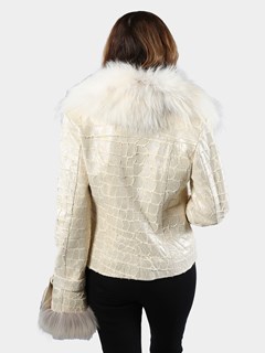 Woman's Starburst and Croco Spruce Leather Jacket with Finn Raccoon Collar