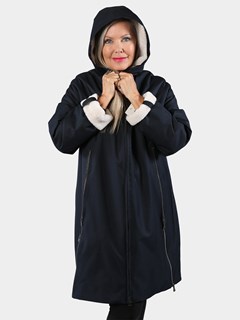 Woman's Navy Hooded Raincoat with Cream Ironed Fleece Lining