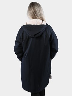 Woman's Navy Hooded Raincoat with Cream Ironed Fleece Lining